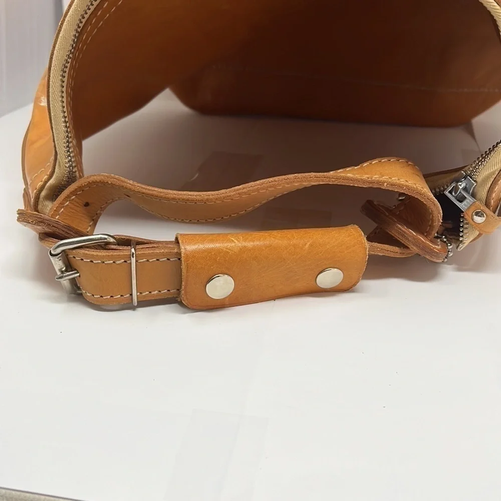 Large Tall Belting Leather Zip Tongue Groove Closure Hand Crossbody Bucket Bag